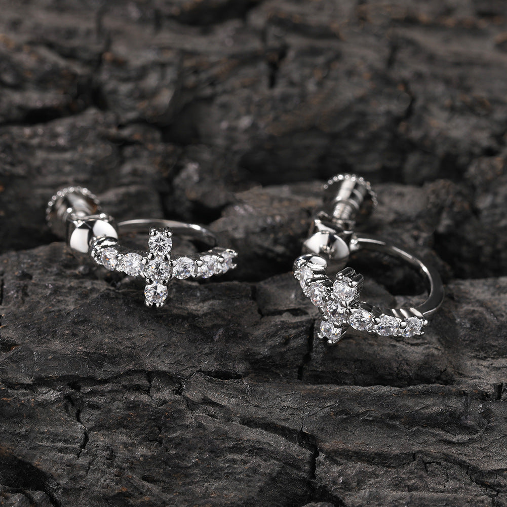 Hip Hop Zircon Black Spiral Clasp Cross Earrings