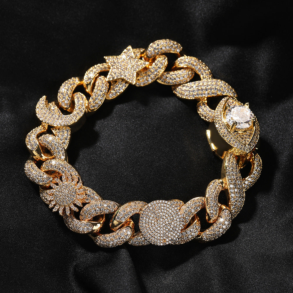 Hip-hop zircon-encrusted sun, star and eye necklace