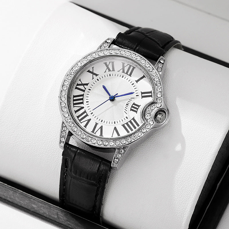Fashion Diamond-Encrusted Women's Quartz Watch with Leather Strap