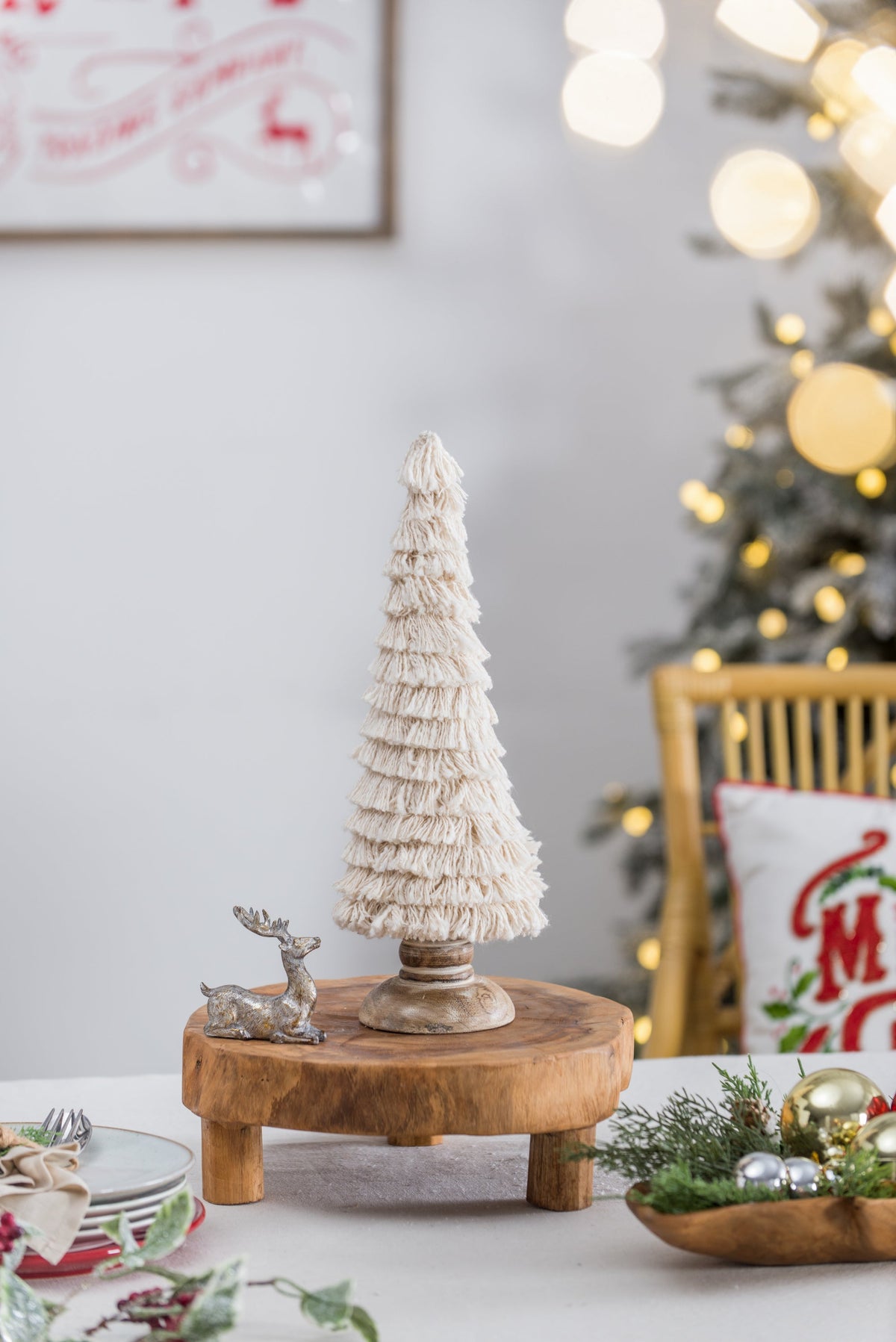 Small Cream Fringe Christmas Cone Tree with Wood Base for Seasonal