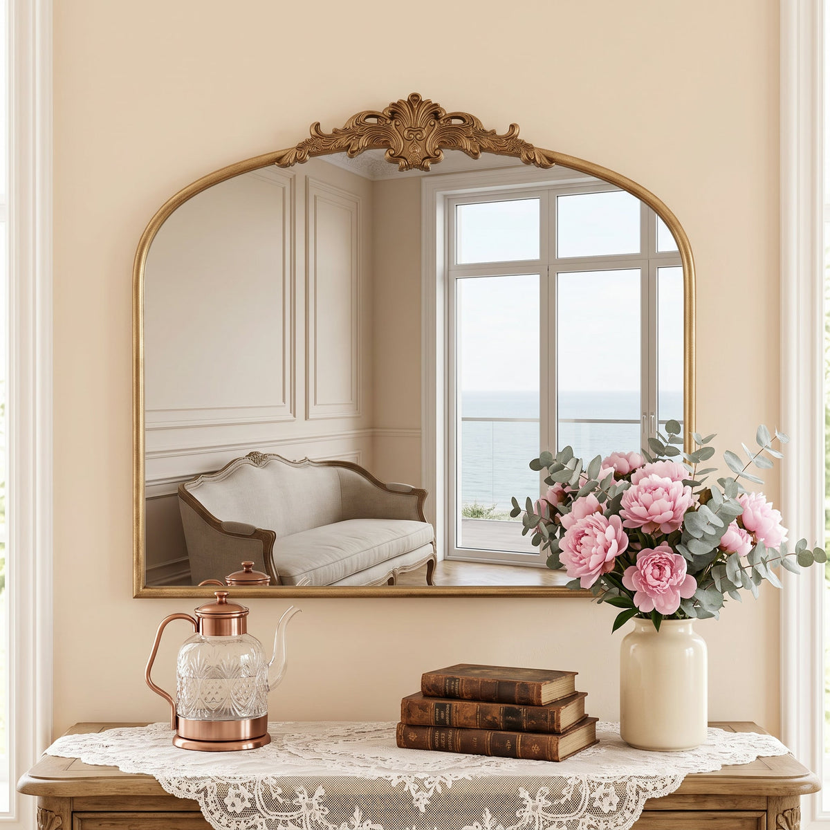 Wide French Baroque Arched Wall Mirror with Ornate Metal Frame for