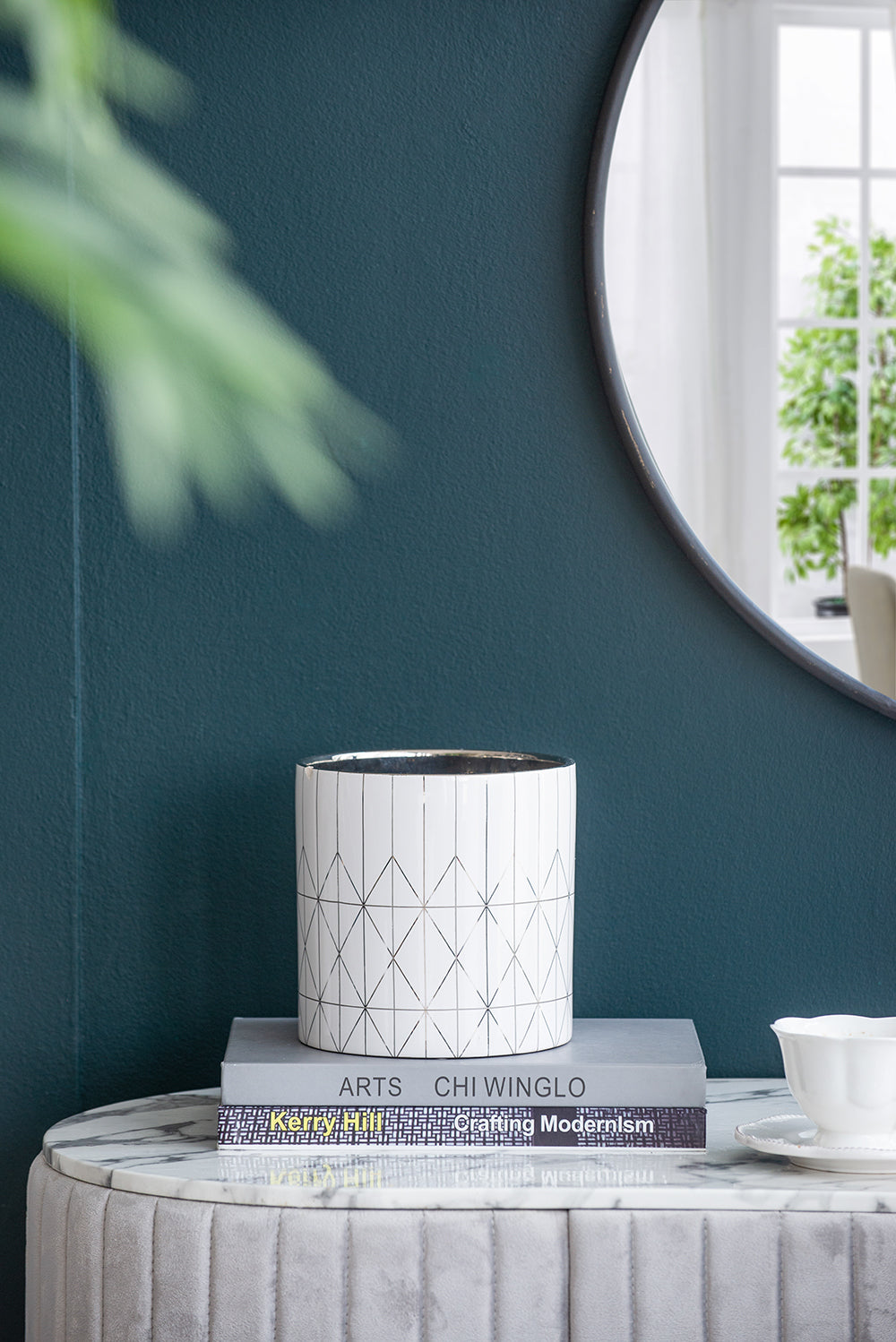White & Silver Geometric Ceramic Planter, Available in 2 Sizes