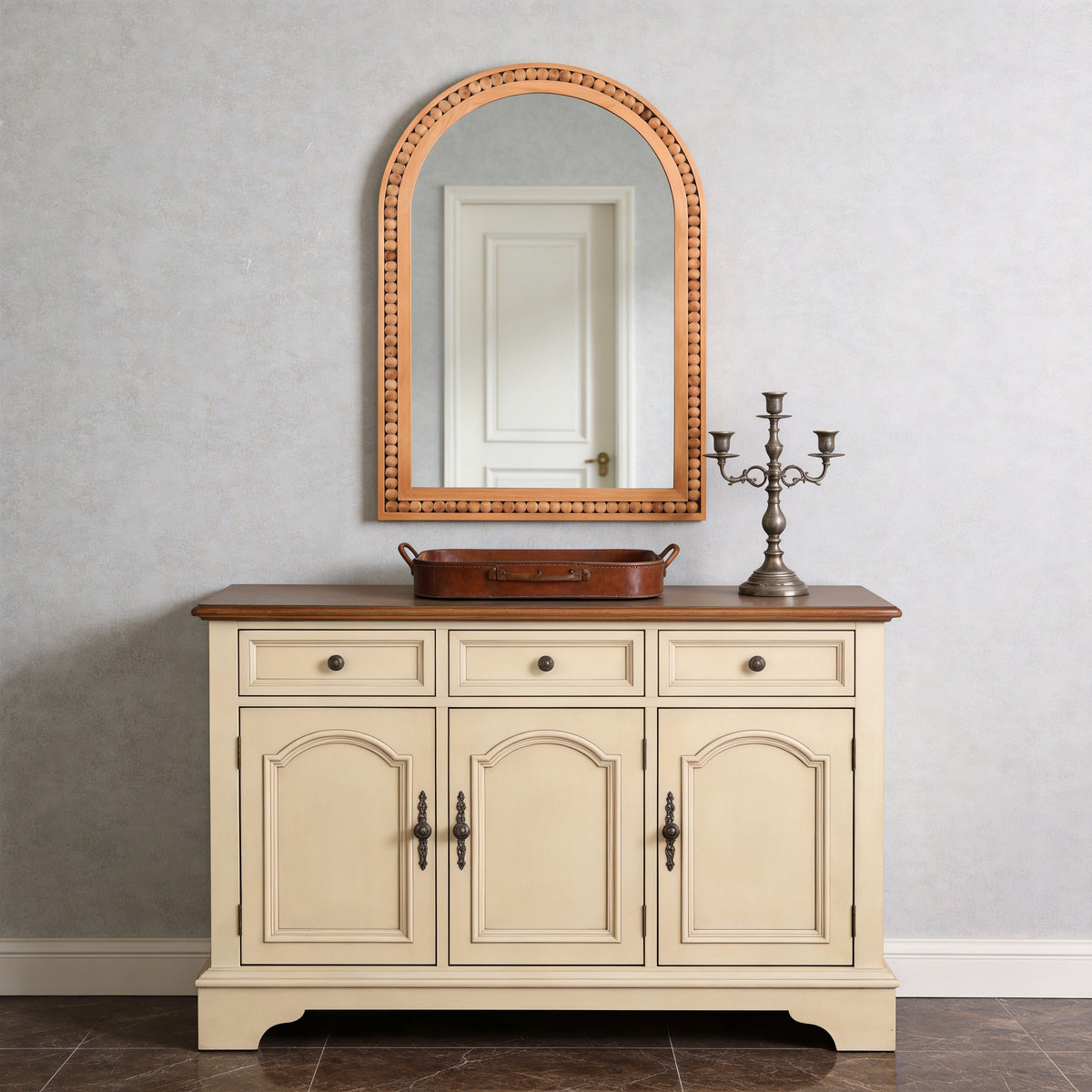 Large Arched Wood Wall Mirror with Beaded Frame for French Country