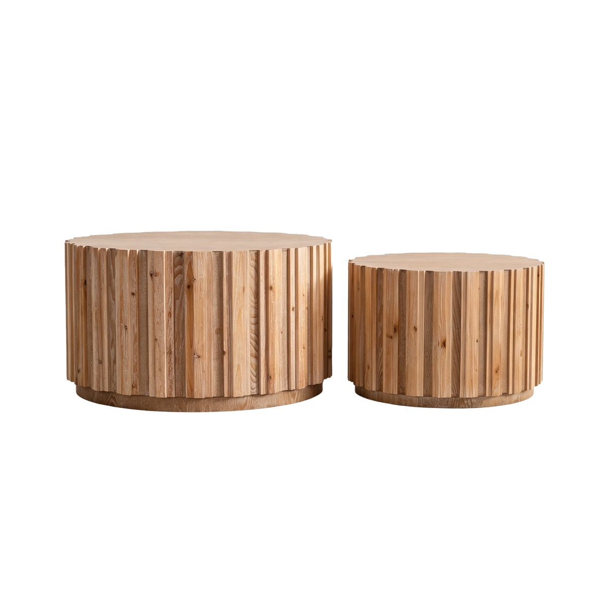Round Nesting Coffee Tables with Slatted Bases and Wood Look Finish,