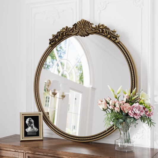 Round Wall Mirror – Ornate Wood Frame Antique Gold 33.27" x 31.5" for