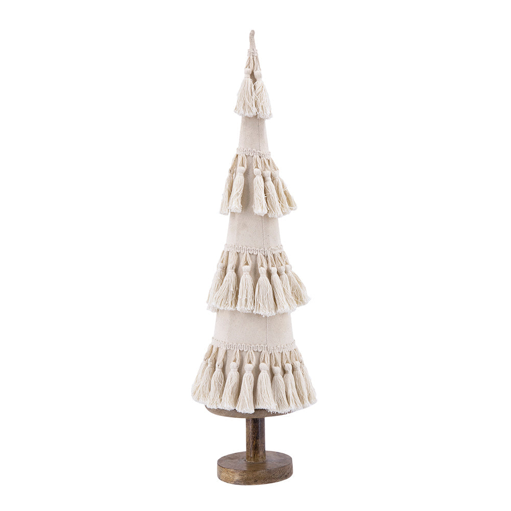 Cream Tassel Fringe Christmas Tree with Wood Base for Holiday Mantels