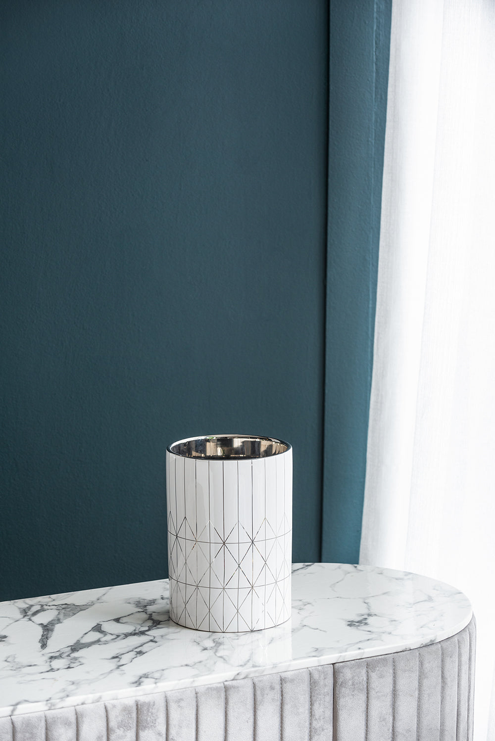 White & Silver Geometric Ceramic Planter, Available in 2 Sizes