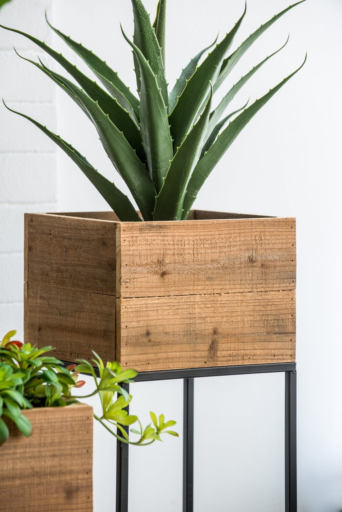 Set of 2 Reclaimed Wood Planters with Iron Stands