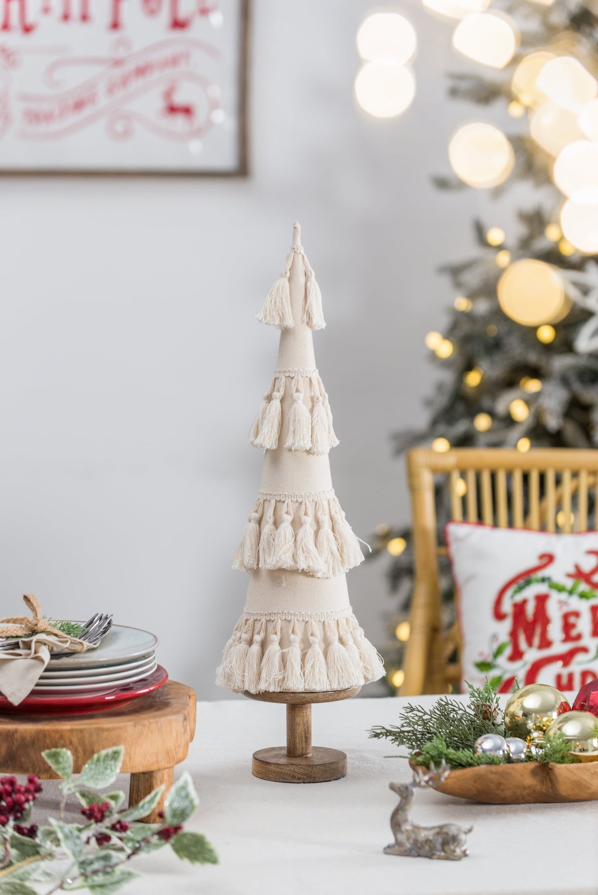 Cream Tassel Fringe Christmas Tree with Wood Base for Holiday Mantels