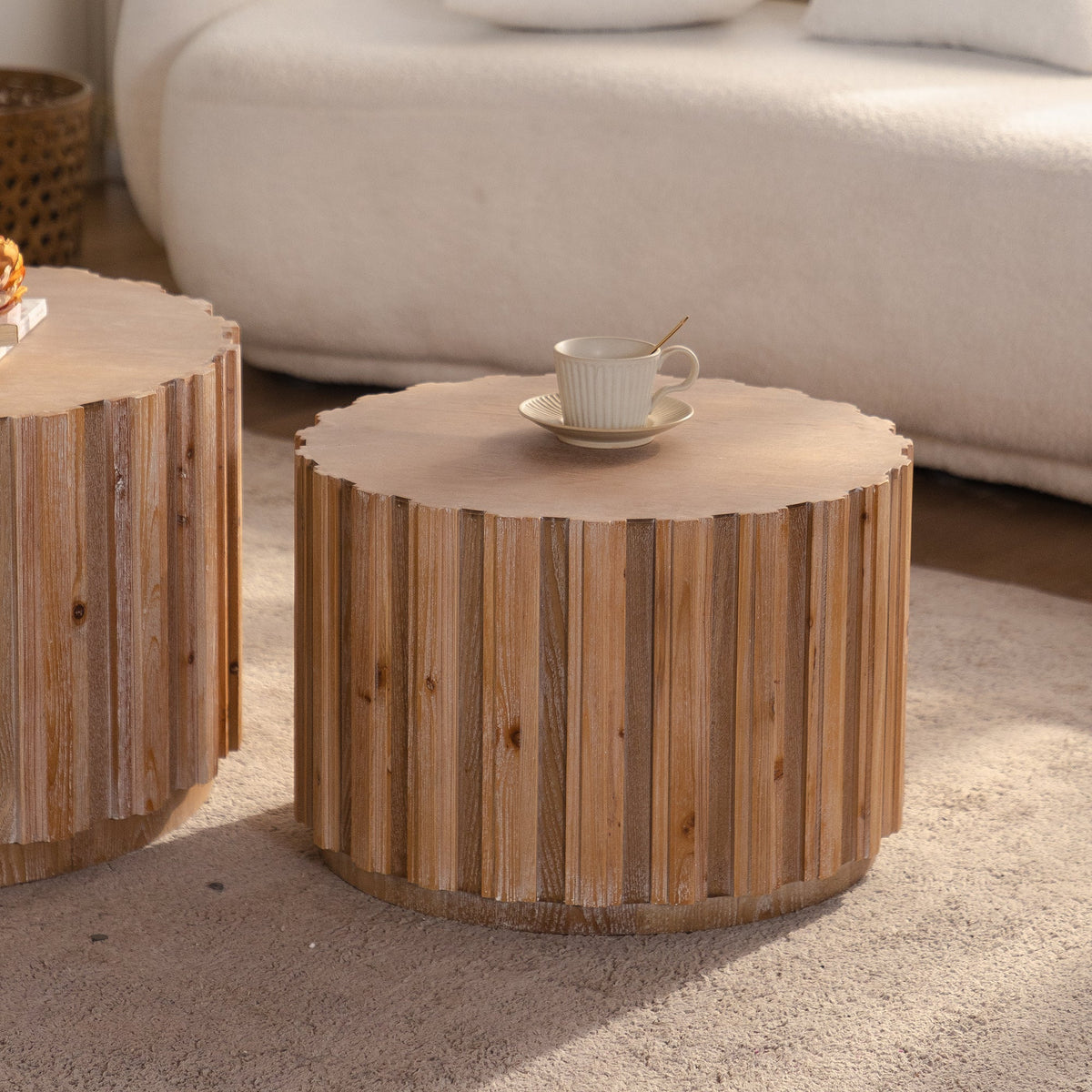 Round Nesting Coffee Tables with Slatted Bases and Wood Look Finish,