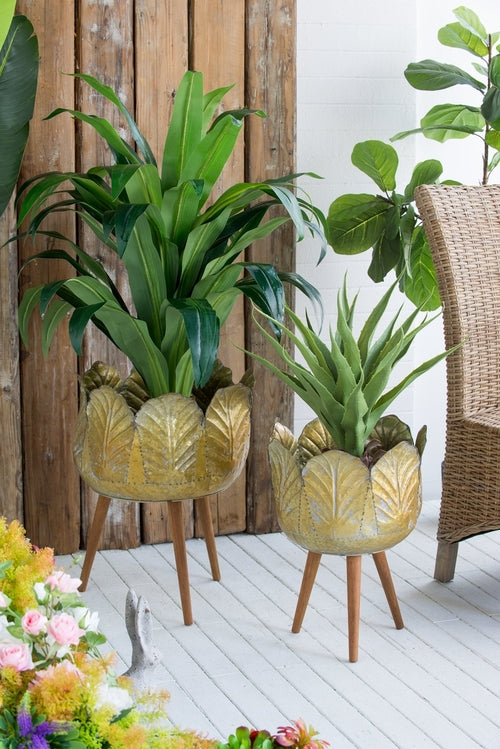 Set of 2 Distressed Metal Planters on Wood Legs, Antique Yellow