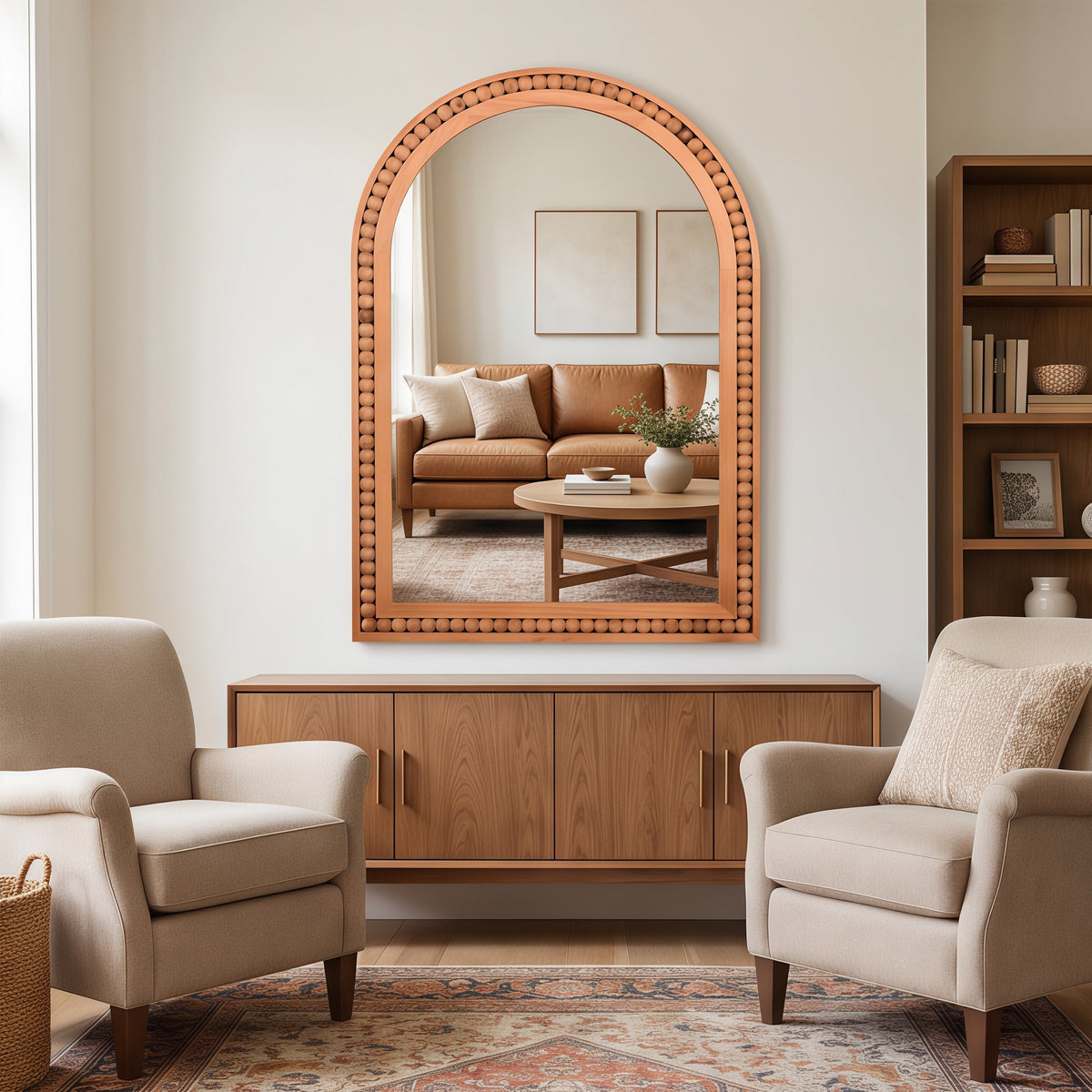 Large Arched Wood Wall Mirror with Beaded Frame for French Country
