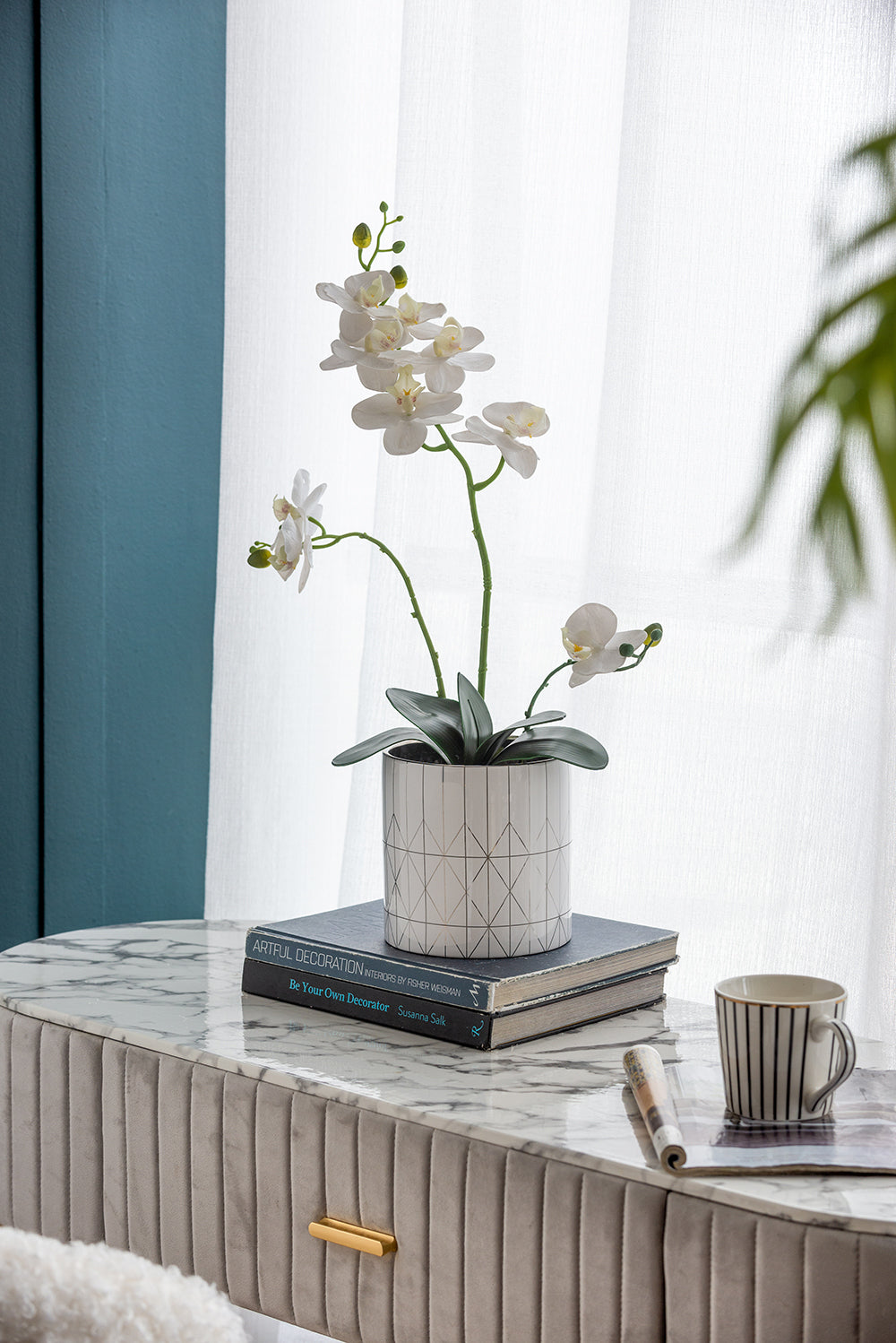 White & Silver Geometric Ceramic Planter, Available in 2 Sizes