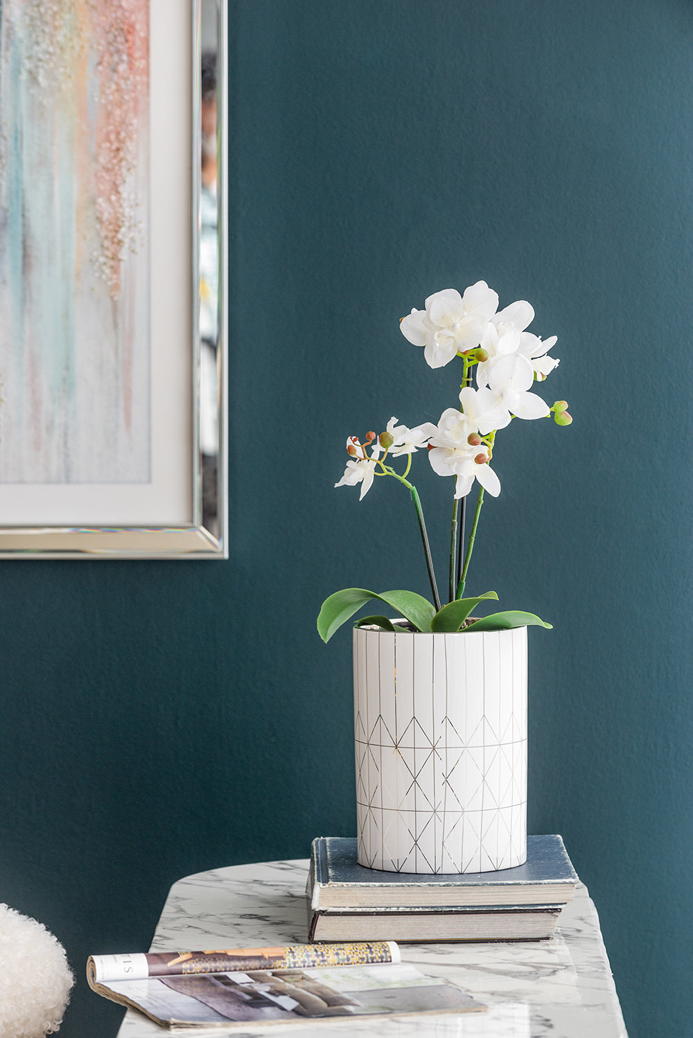 White & Silver Geometric Ceramic Planter, Available in 2 Sizes