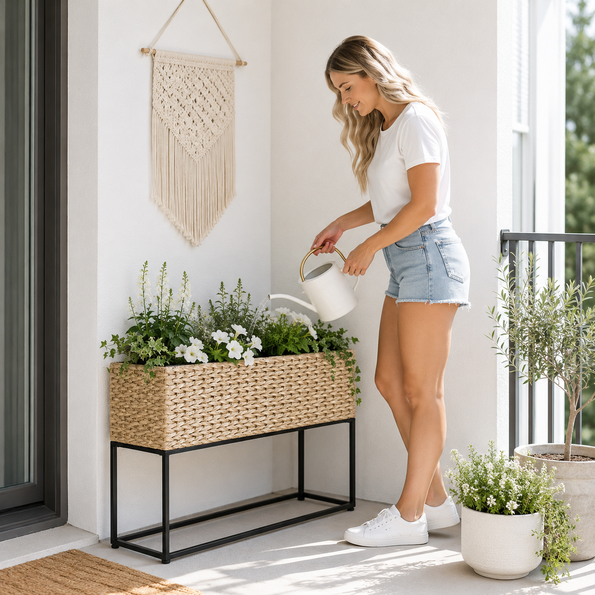 Raised Resin Wicker Planter with Steel Stand and Three Inserts for