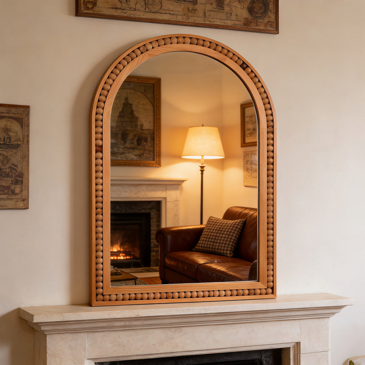 Large Arched Wood Wall Mirror with Beaded Frame for French Country