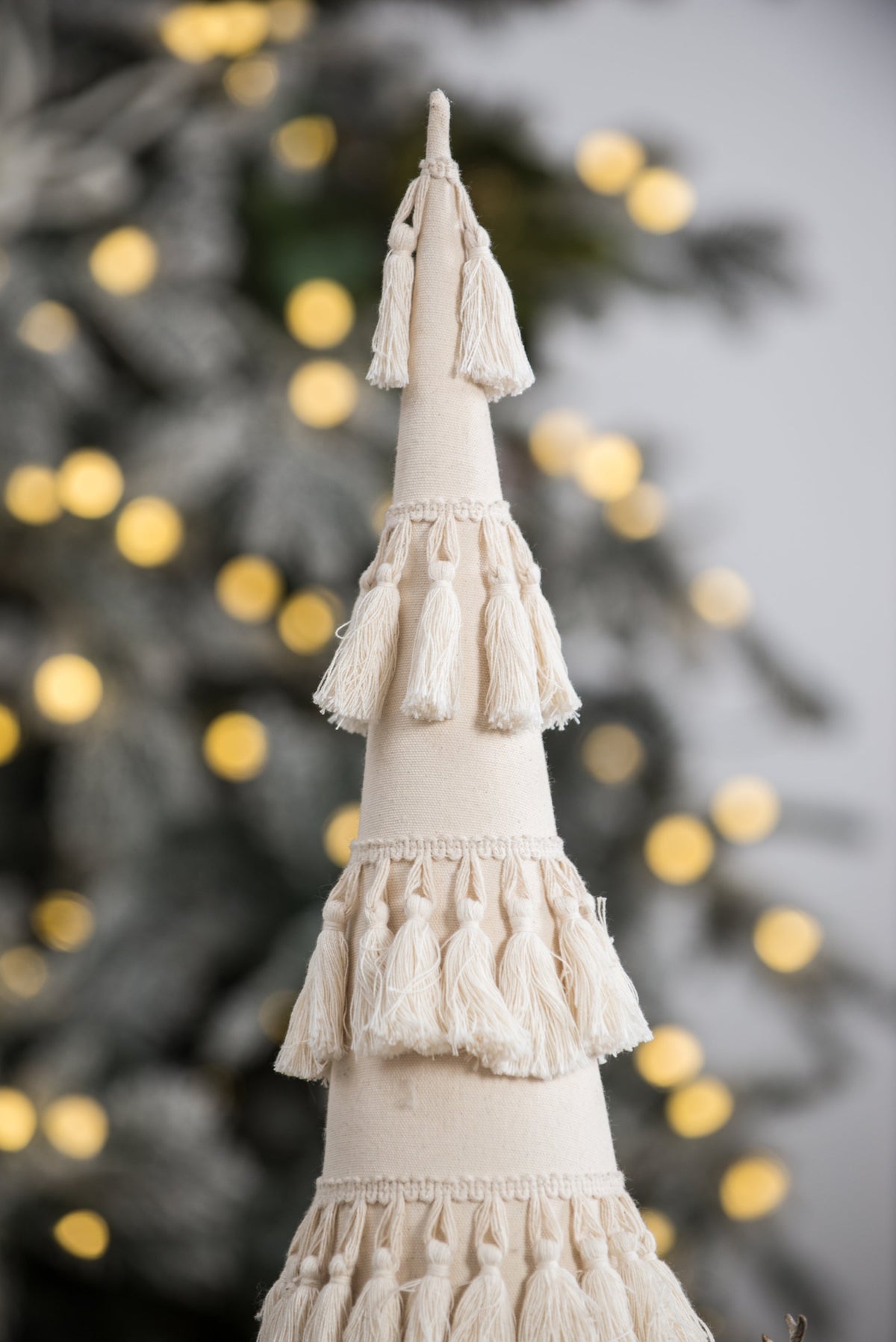 Cream Tassel Fringe Christmas Tree with Wood Base for Holiday Mantels
