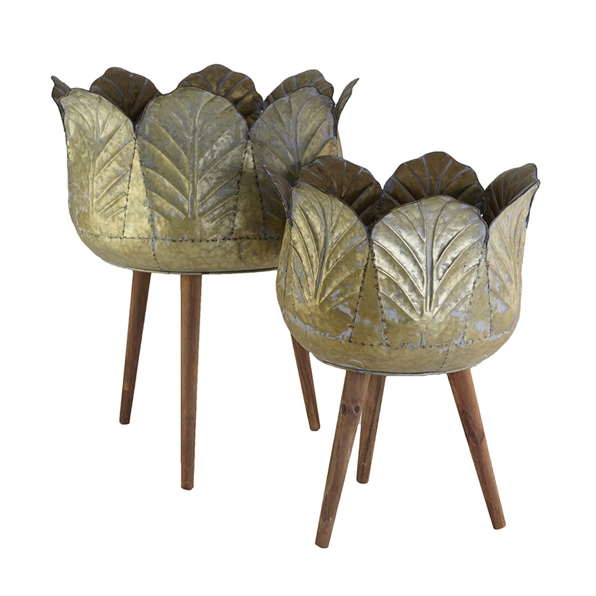Set of 2 Distressed Metal Planters on Wood Legs, Antique Yellow