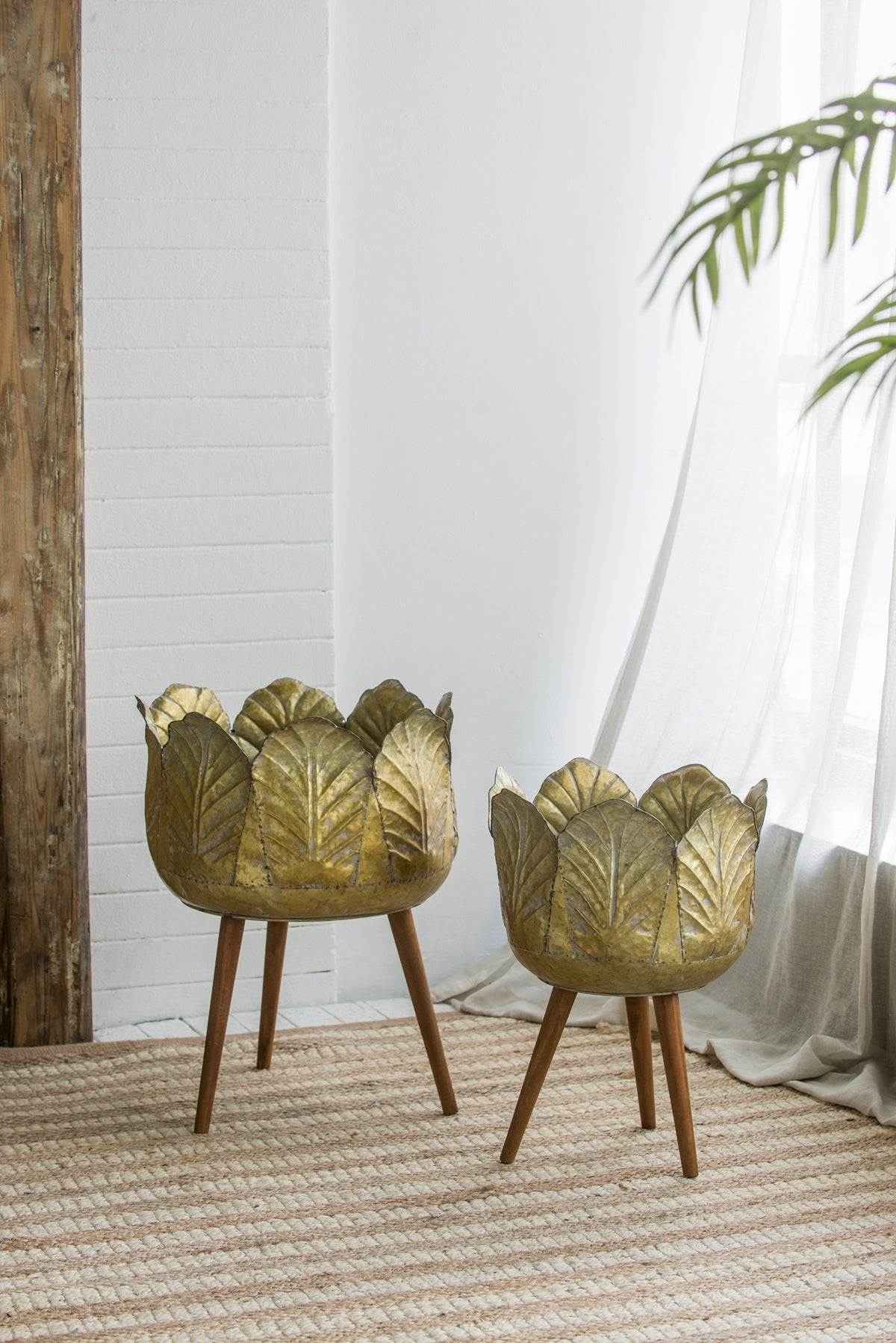 Set of 2 Distressed Metal Planters on Wood Legs, Antique Yellow