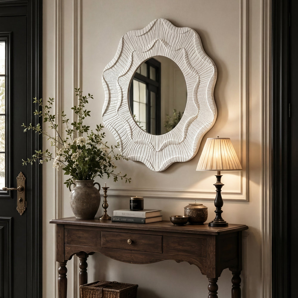 Round Cream Flower Wall Mirror with Wavy Frame for Decorative Home