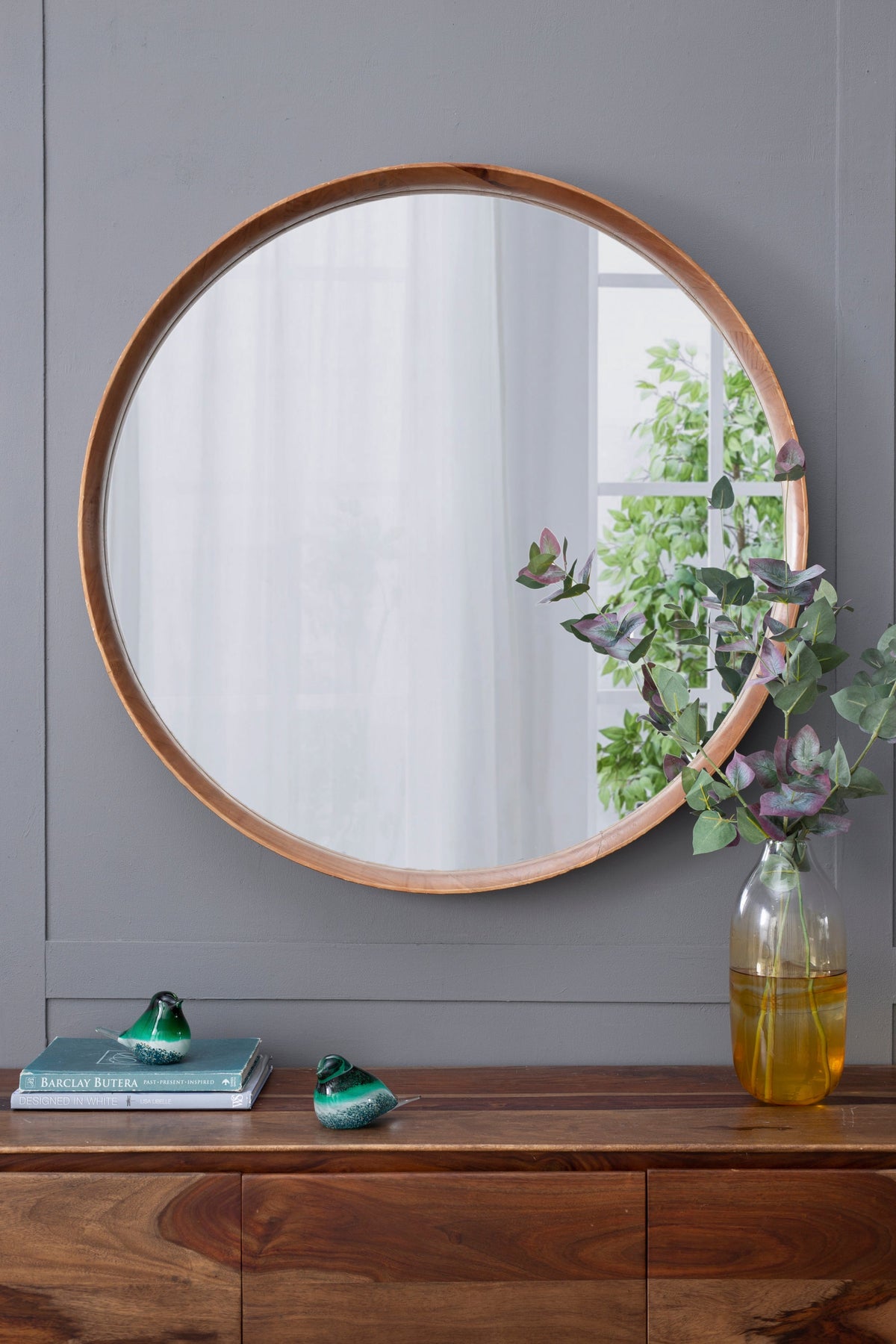 Round Brown Wood Frame Wall Mirror, 39.4 in