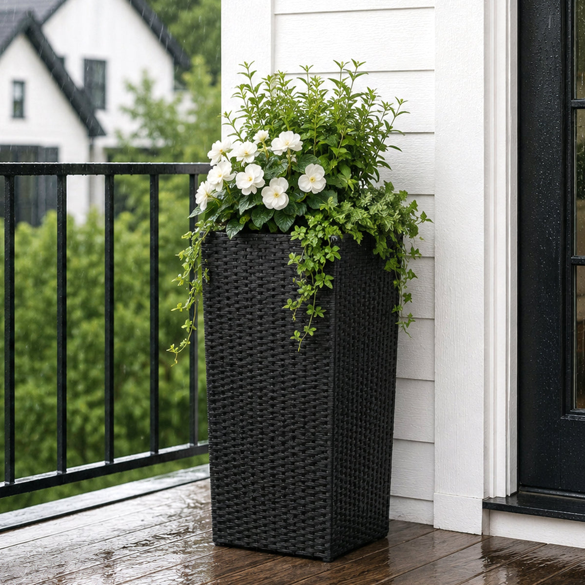 Tall Black Resin Wicker Planter with Tapered Shape and Removable