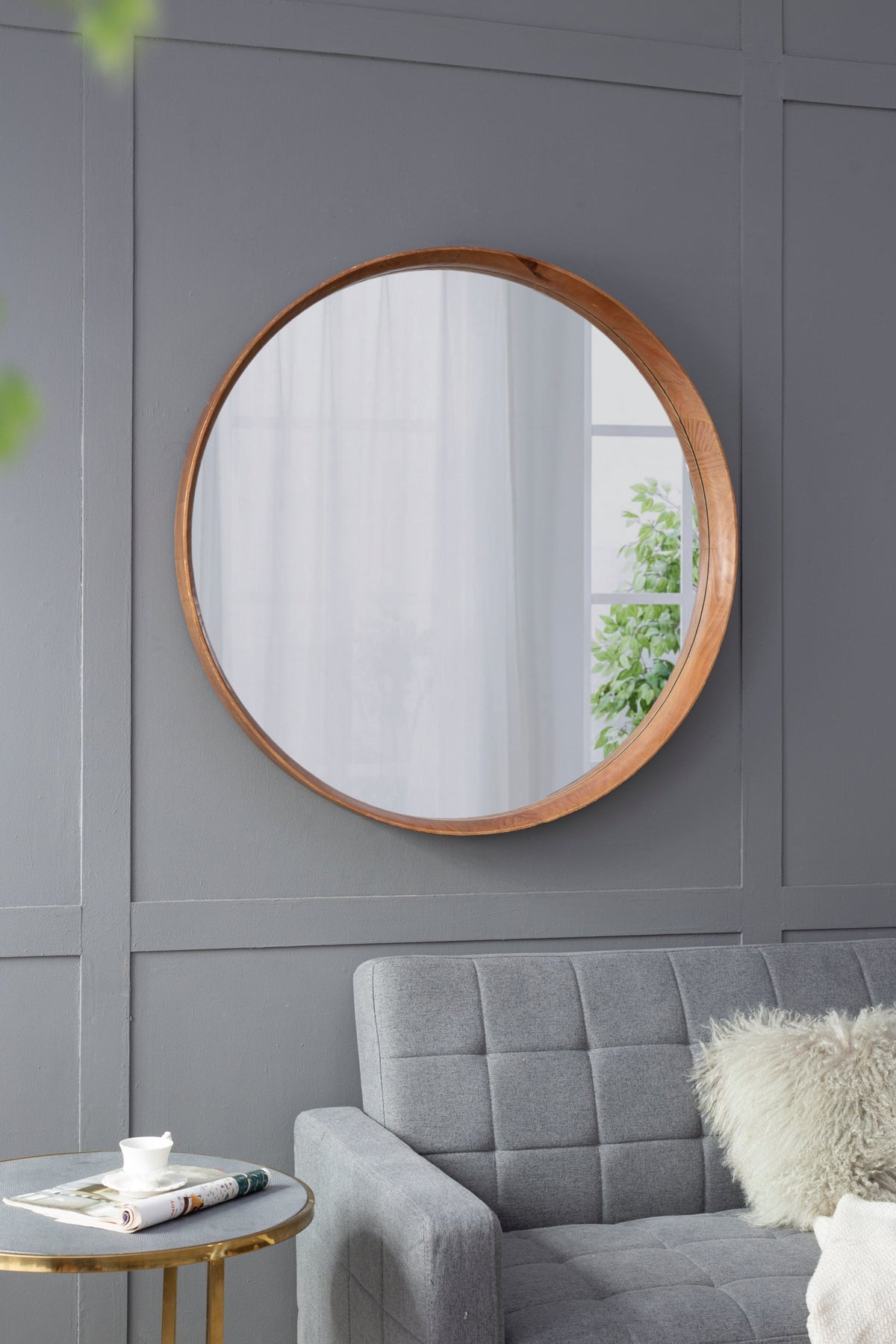 Round Brown Wood Frame Wall Mirror, 39.4 in