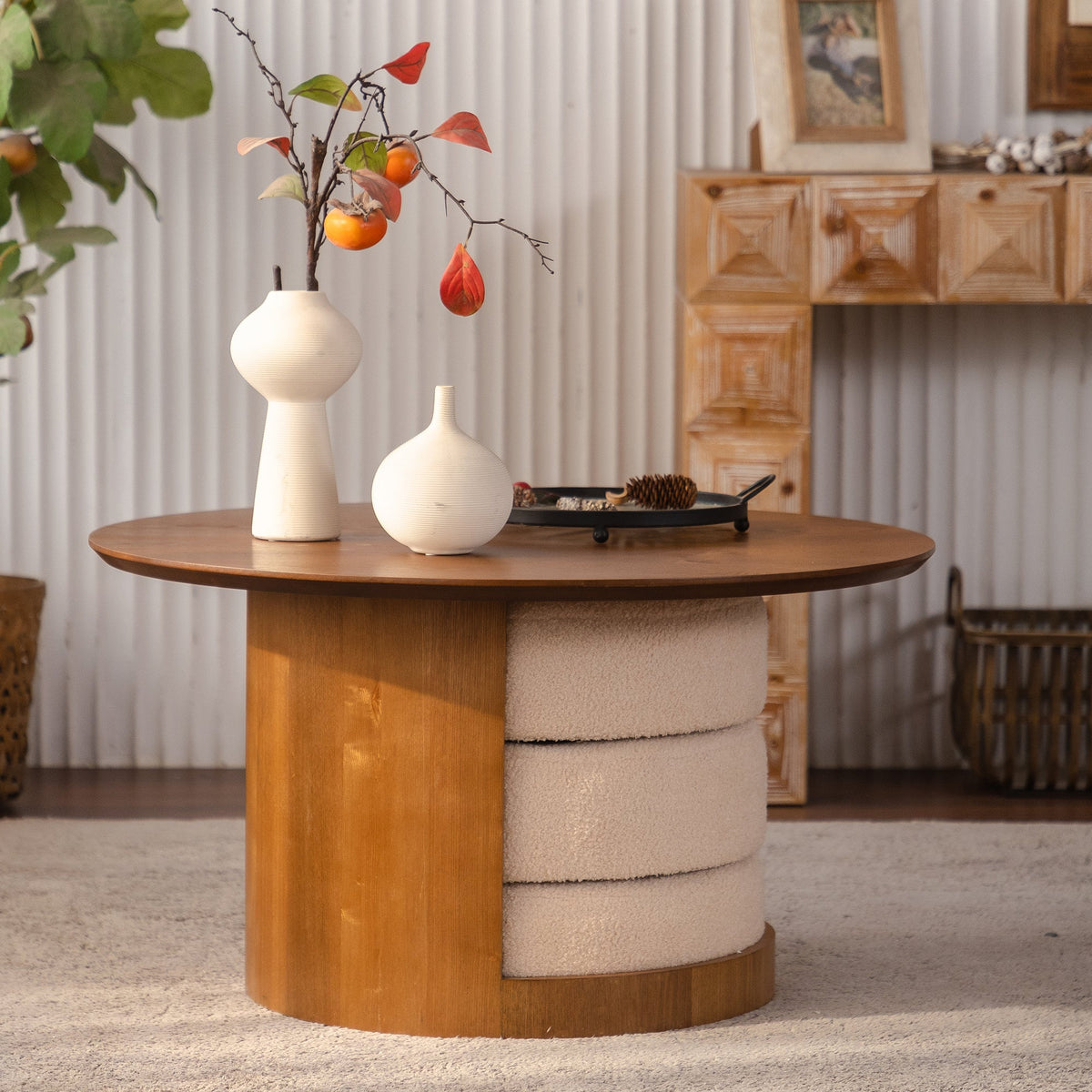 Round Walnut Coffee Table with Three Nesting Teddy Stools for Living