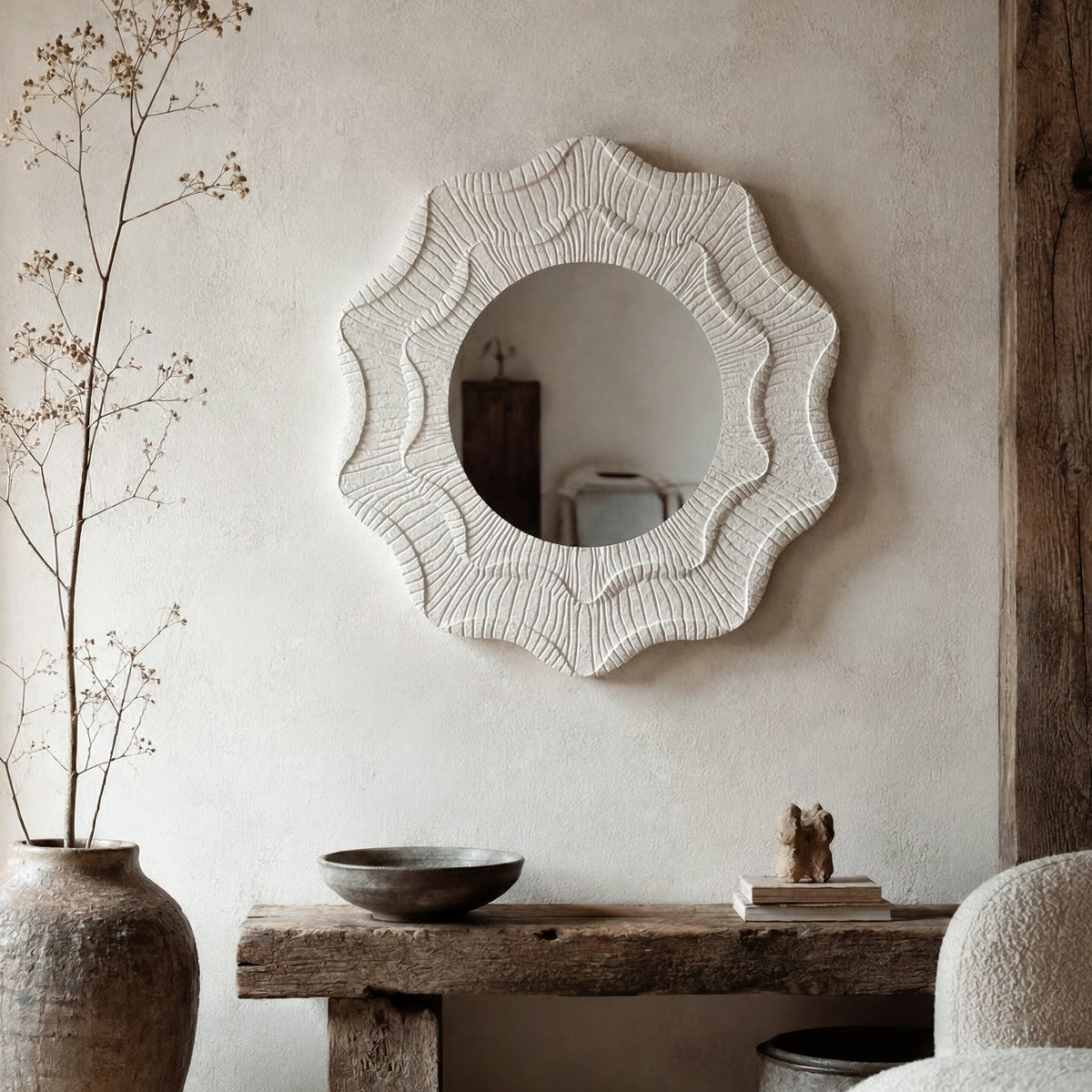 Round Cream Flower Wall Mirror with Wavy Frame for Decorative Home
