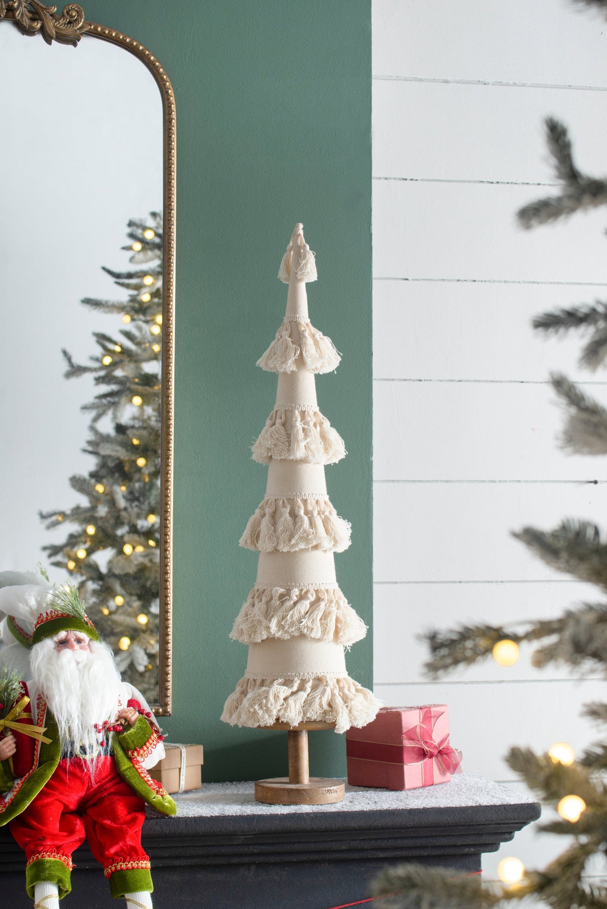 Cream Tassel Fringe Christmas Tree with Wood Base for Holiday Mantels