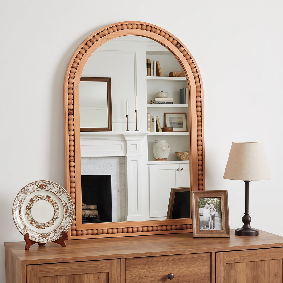 Large Arched Wood Wall Mirror with Beaded Frame for French Country