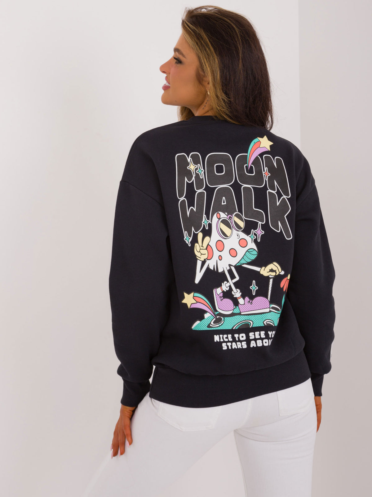 Euro Trendz Women’s Black Moon Walk Graphic Sweatshirt