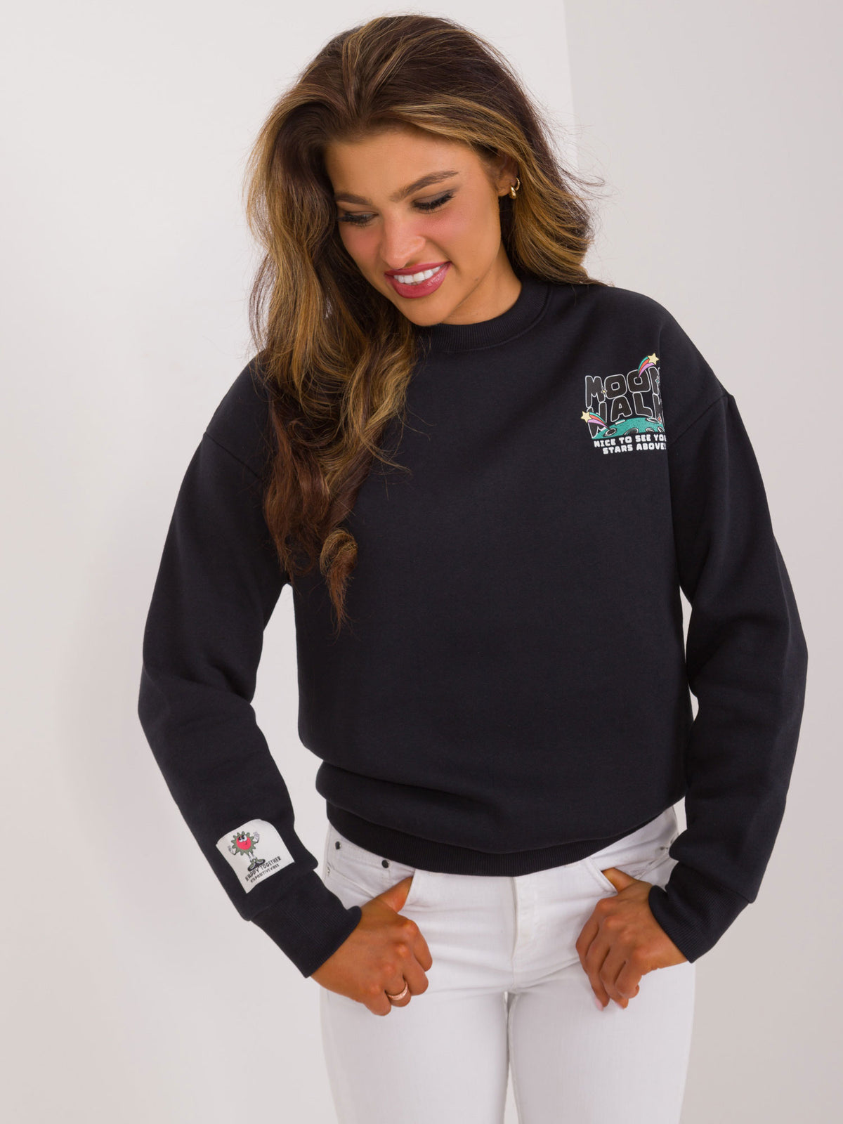 Euro Trendz Women’s Black Moon Walk Graphic Sweatshirt