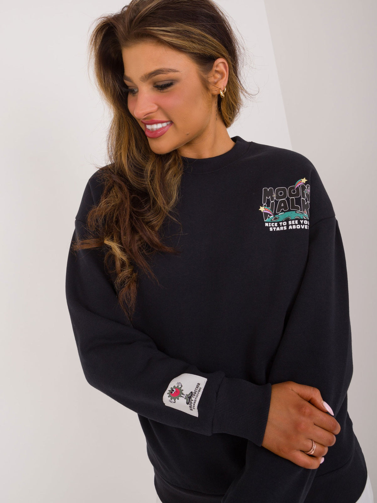 Euro Trendz Women’s Black Moon Walk Graphic Sweatshirt