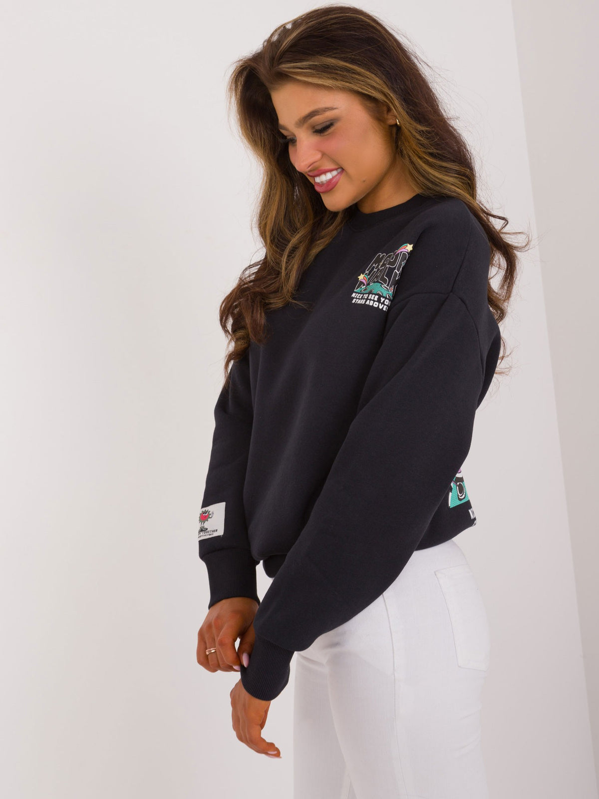 Euro Trendz Women’s Black Moon Walk Graphic Sweatshirt