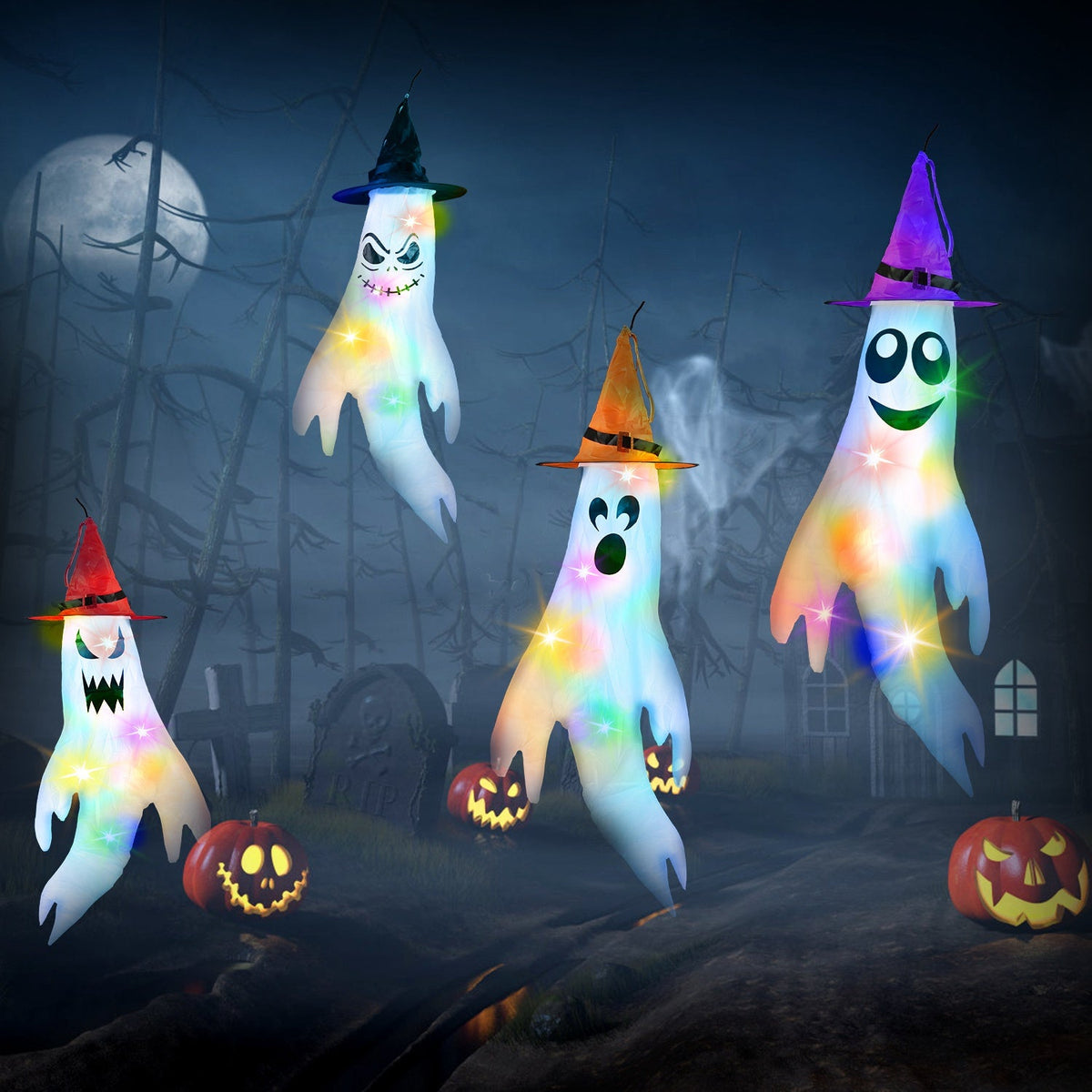 4Pcs Per Set Halloween Ghosts With Witch Hats Windsocks Hanging