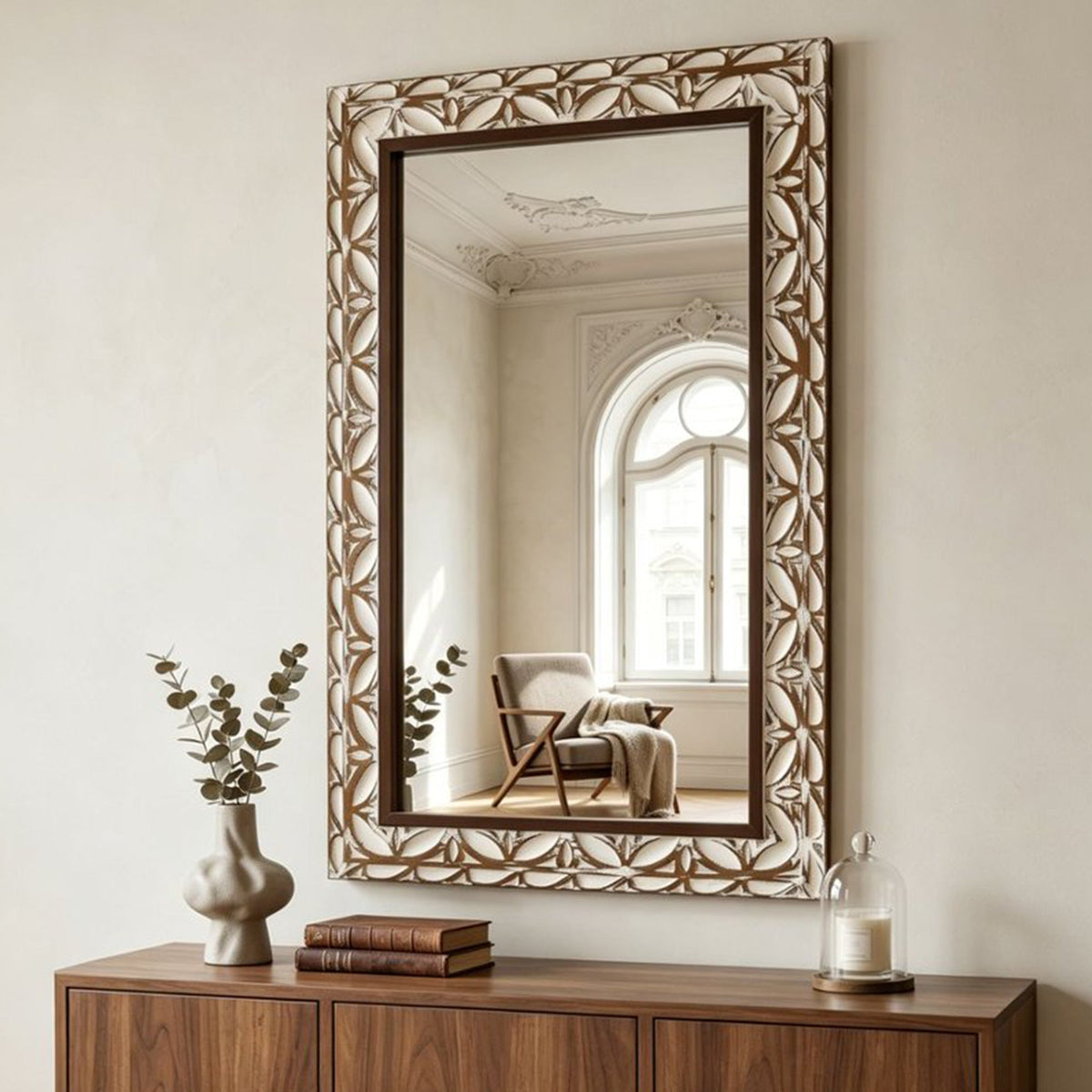 Carved Leaf Wall Mirror in Brown and White for Living Rooms and