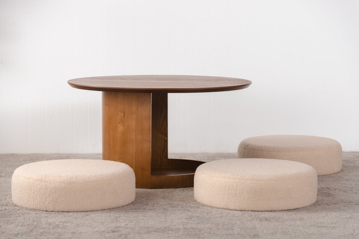 Round Walnut Coffee Table with Three Nesting Teddy Stools for Living