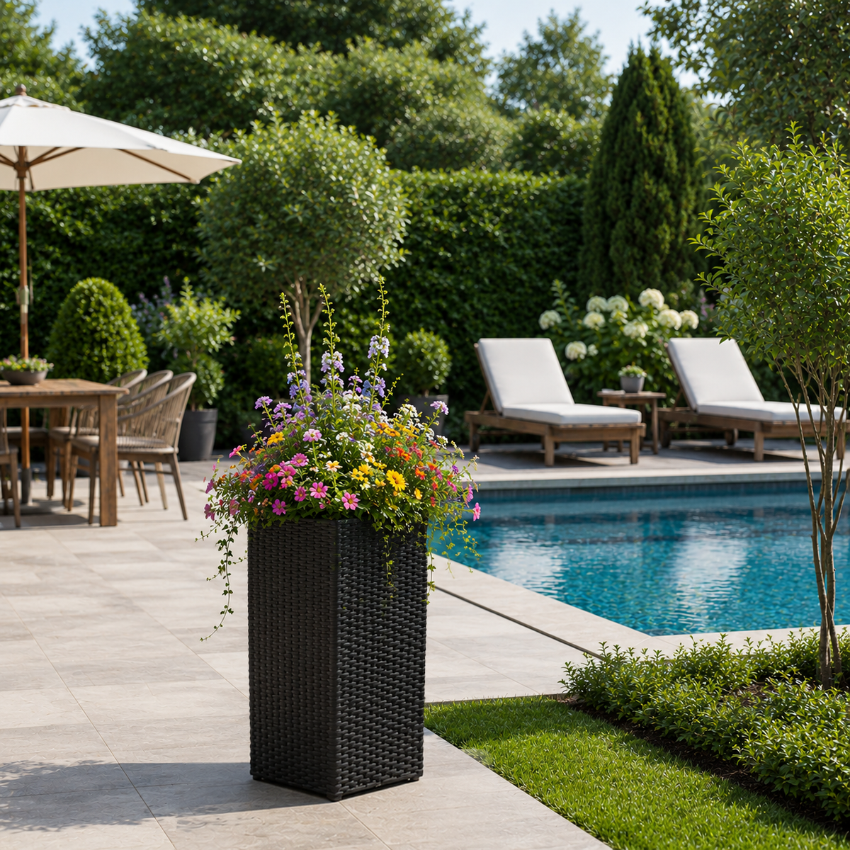 Tall Black Resin Wicker Planter with Tapered Shape and Removable