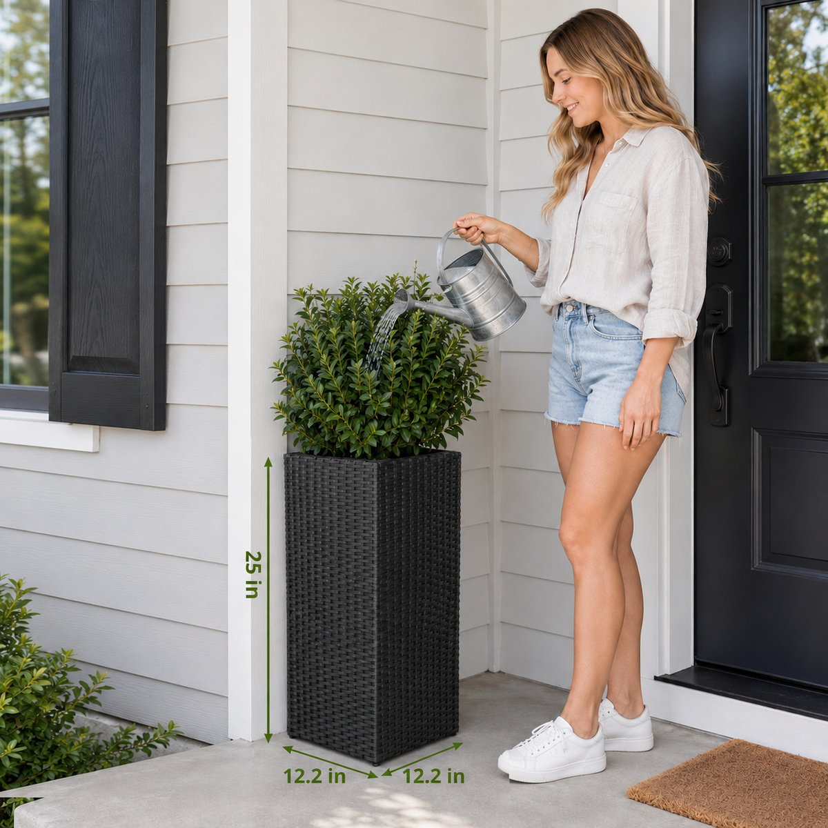 Tall Black Resin Wicker Planter with Tapered Shape and Removable