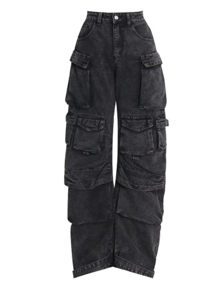 Retro High Waist Baggy Cargo Denim Pants for Women
