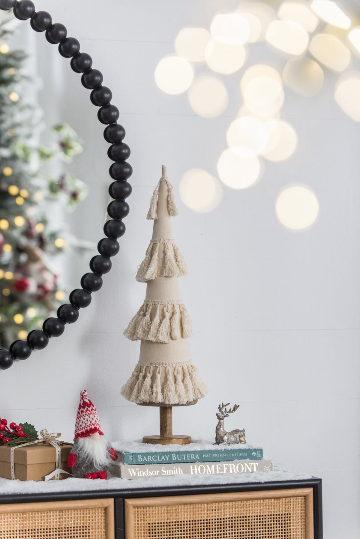 Cream Tassel Fringe Christmas Tree with Wood Base for Holiday Mantels