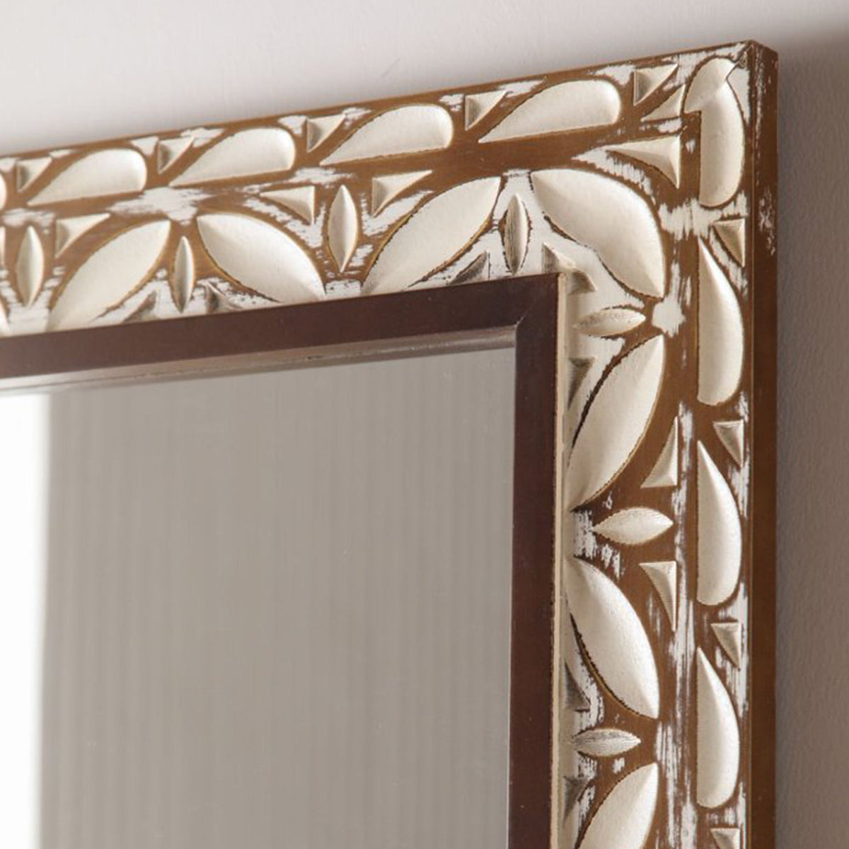 Carved Leaf Wall Mirror in Brown and White for Living Rooms and