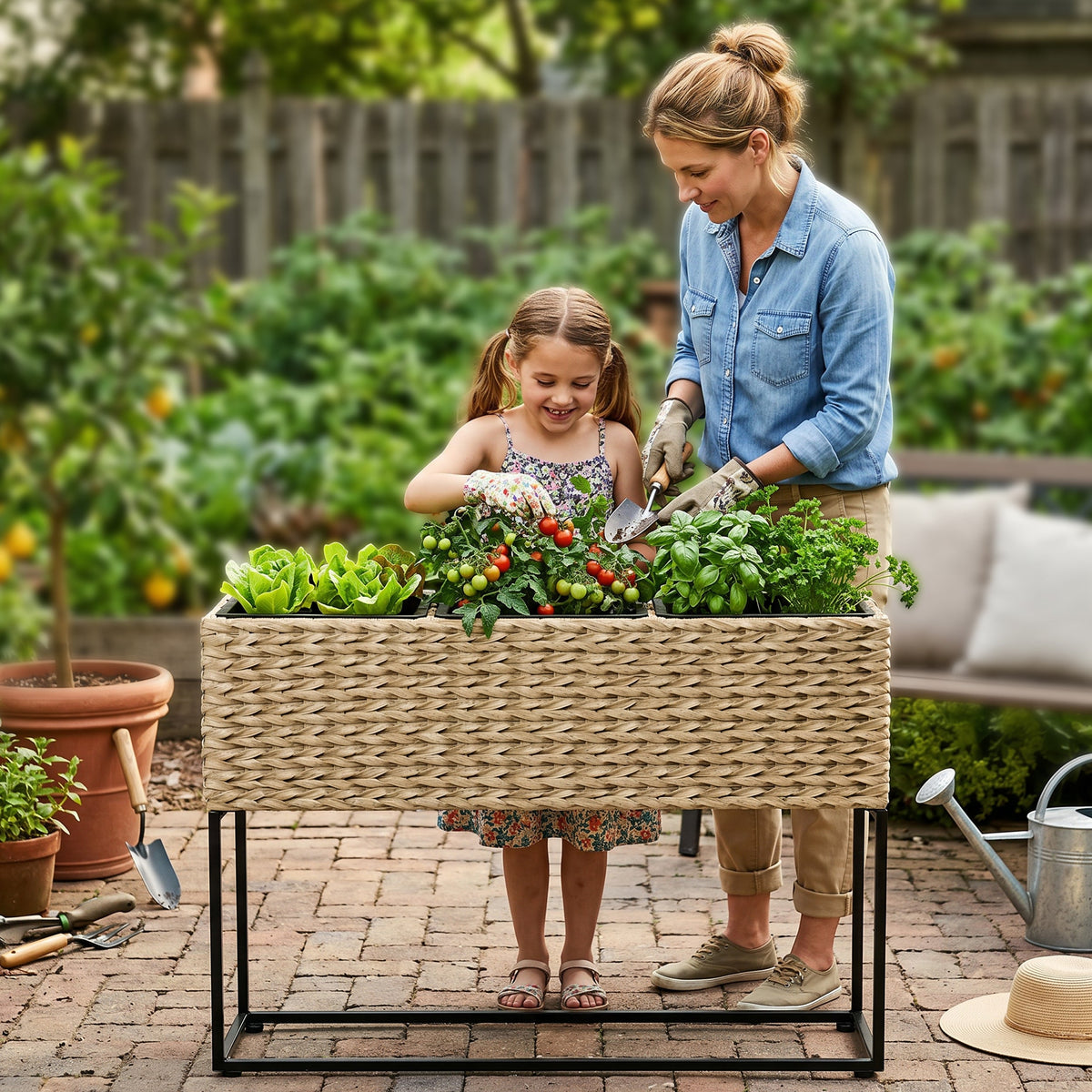 Raised Resin Wicker Planter with Steel Stand and Three Inserts for