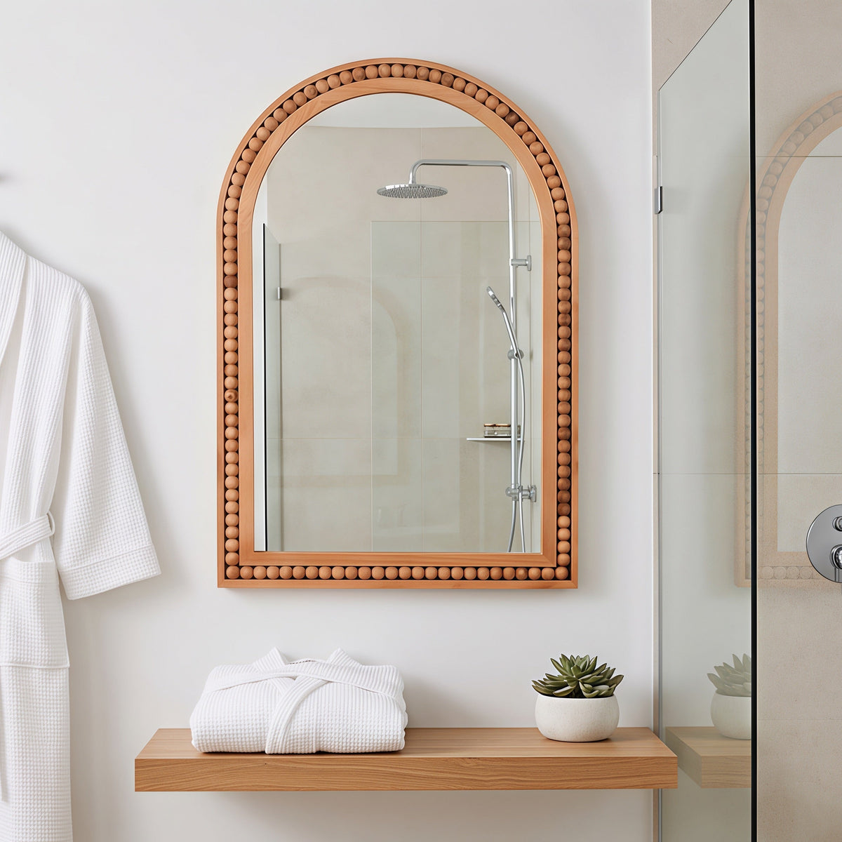 Large Arched Wood Wall Mirror with Beaded Frame for French Country