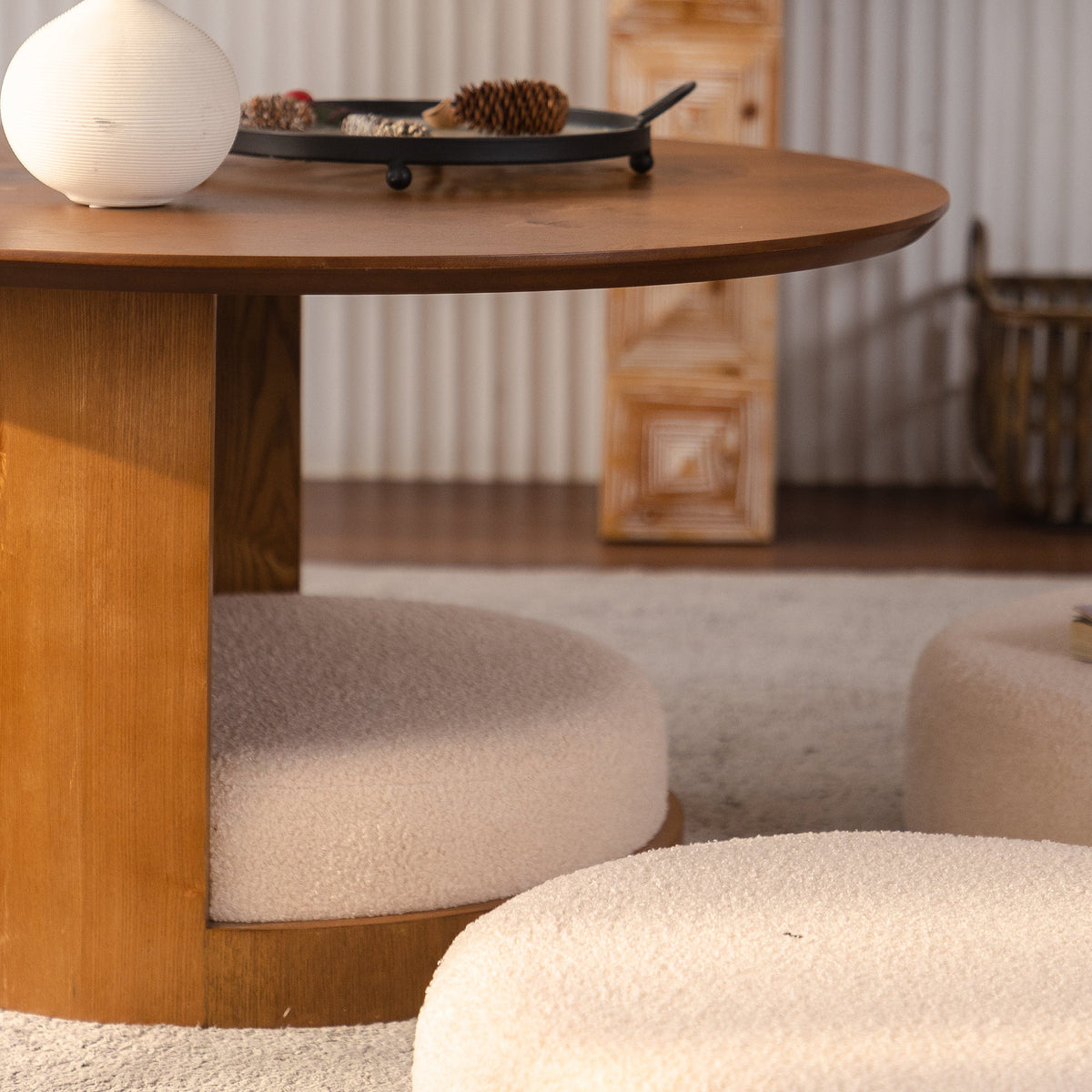 Round Walnut Coffee Table with Three Nesting Teddy Stools for Living