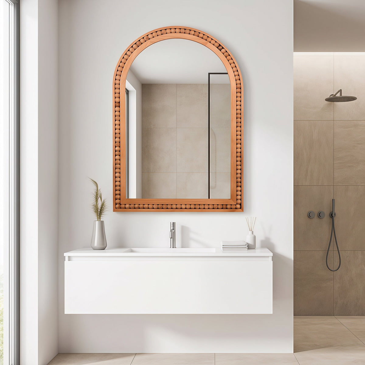 Large Arched Wood Wall Mirror with Beaded Frame for French Country
