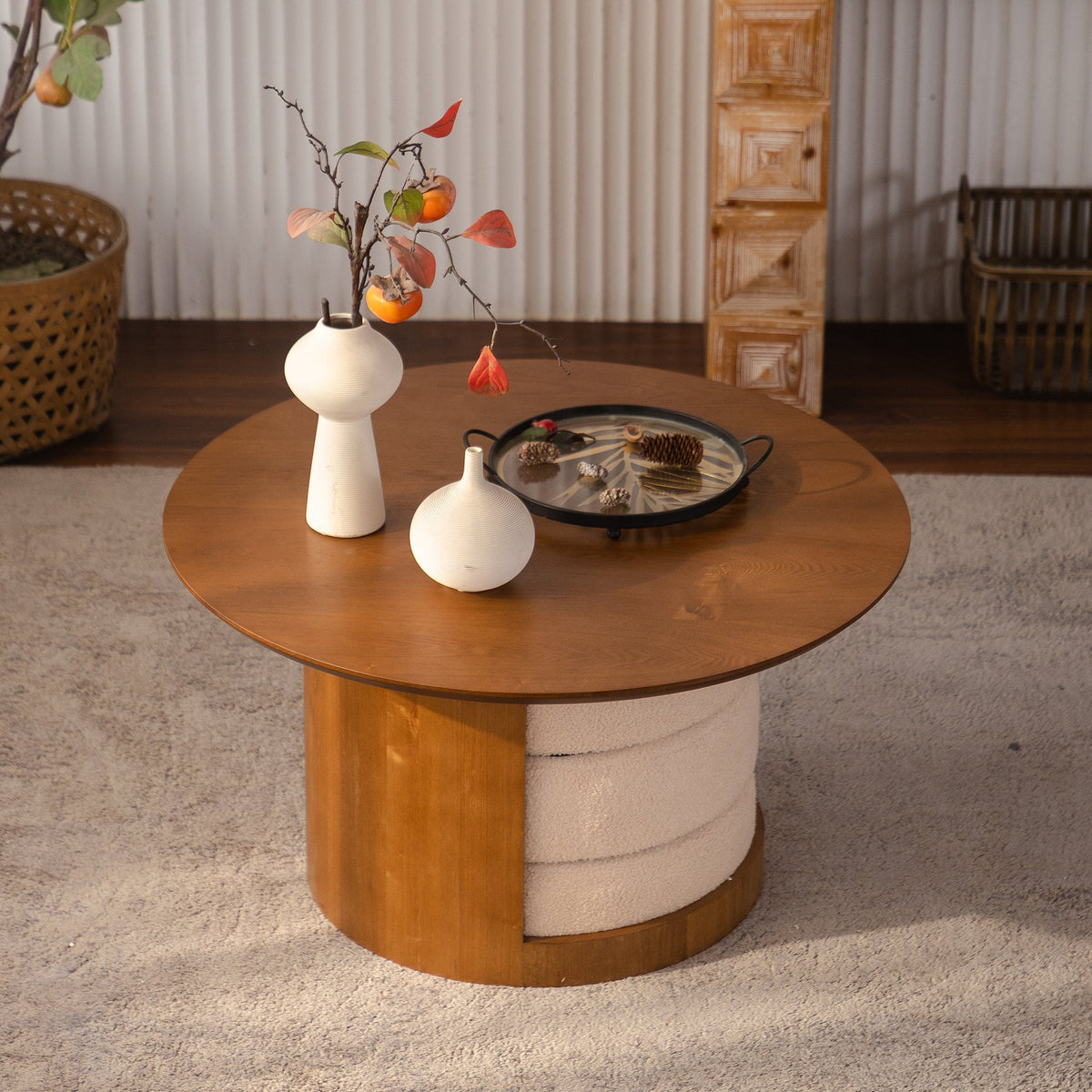 Round Walnut Coffee Table with Three Nesting Teddy Stools for Living