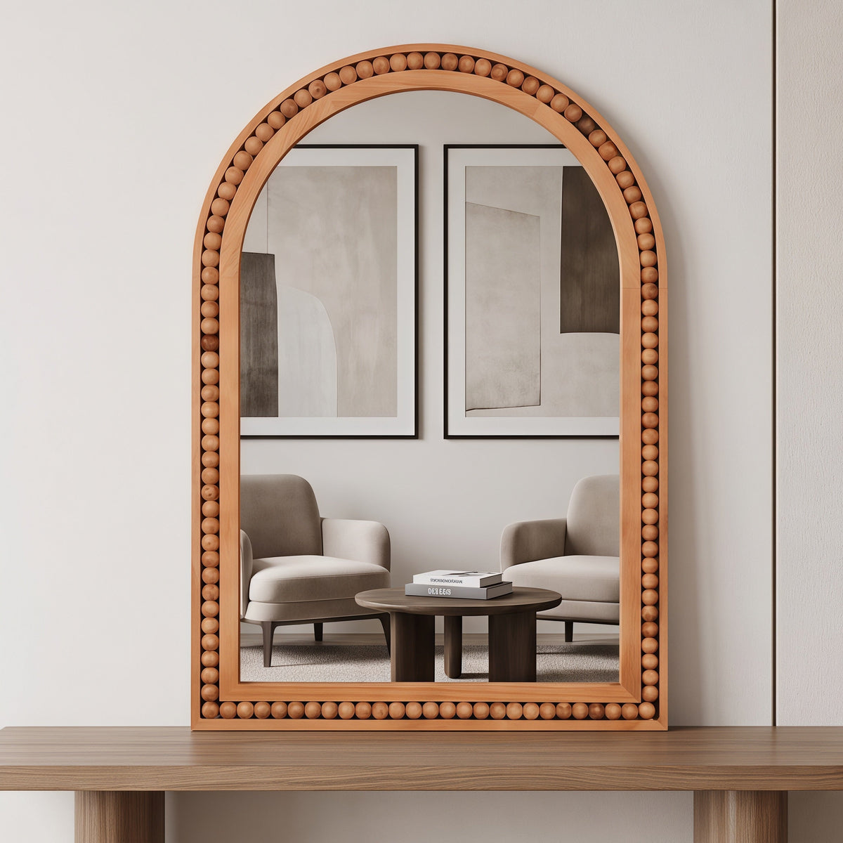 Large Arched Wood Wall Mirror with Beaded Frame for French Country