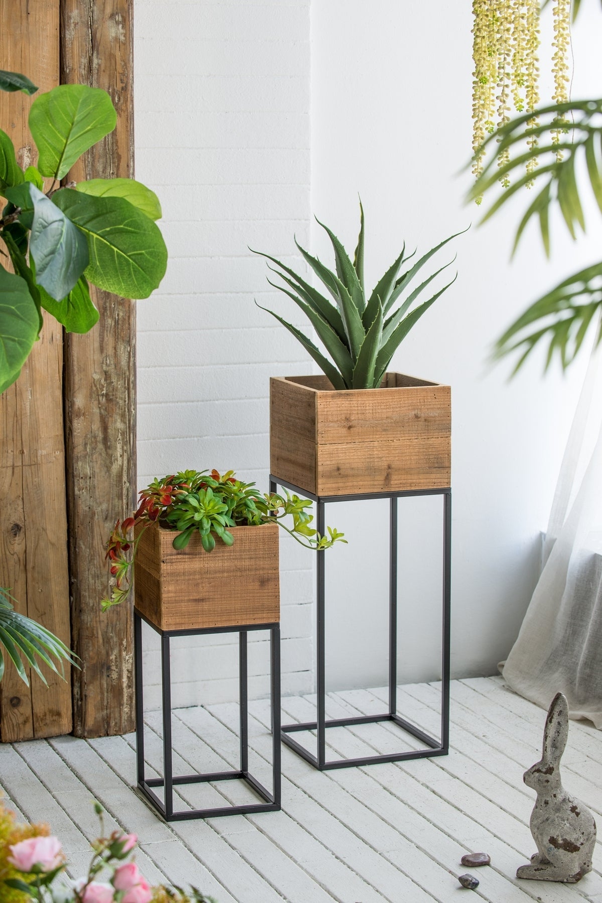 Set of 2 Reclaimed Wood Planters with Iron Stands